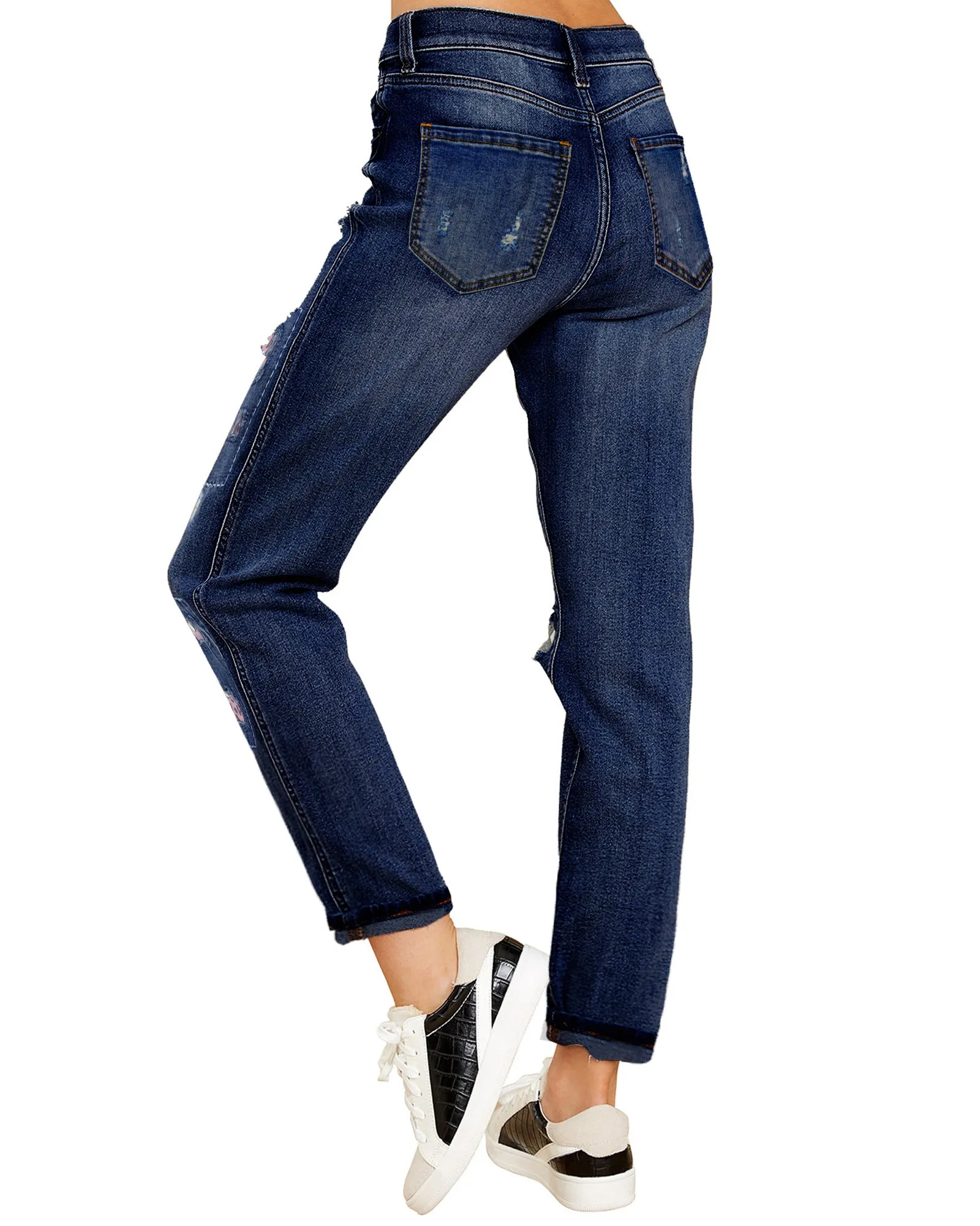 Pink Floral-Print Patch Ripped Rolled Hem Denim Boyfriend Jeans