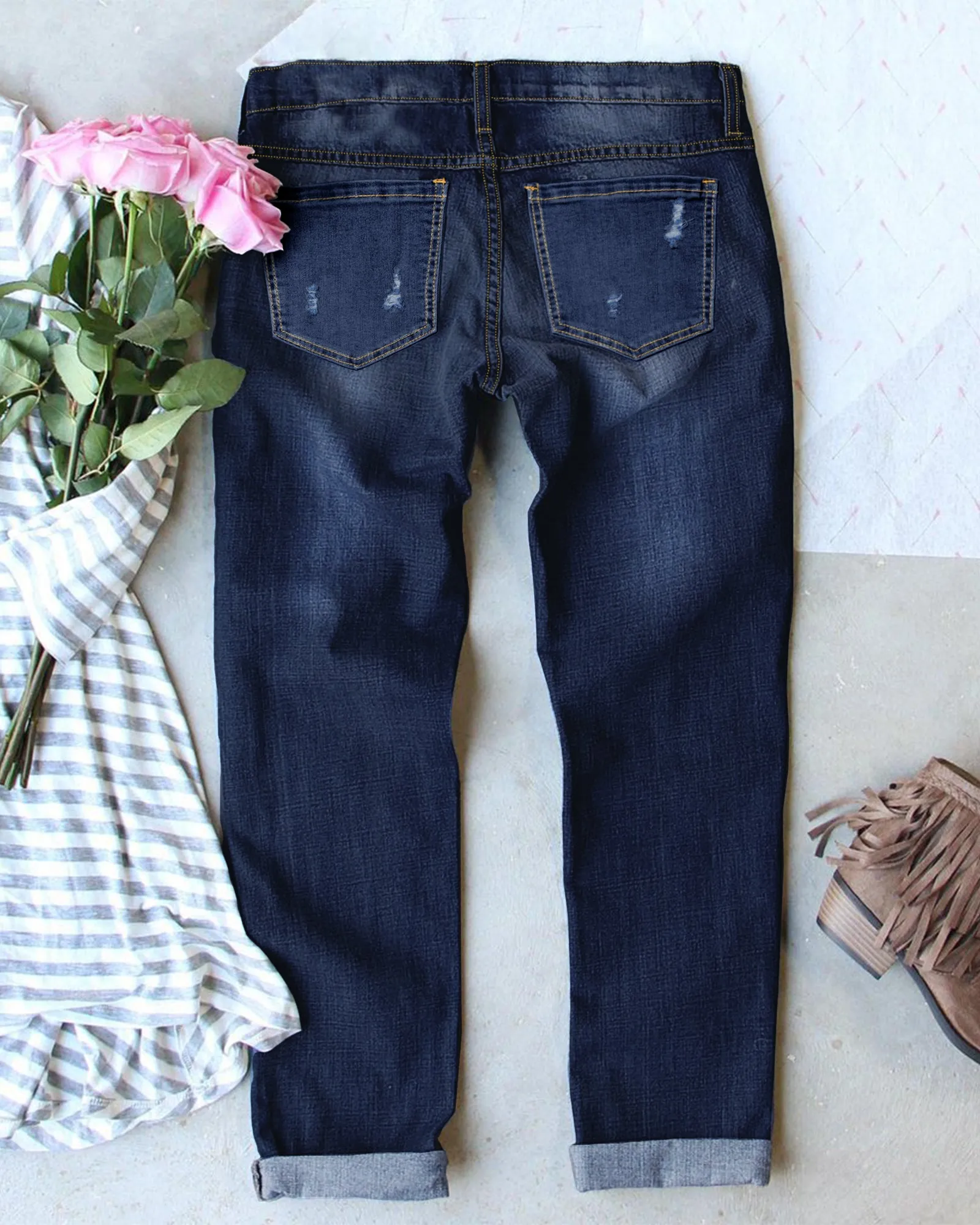 Pink Floral-Print Patch Ripped Rolled Hem Denim Boyfriend Jeans