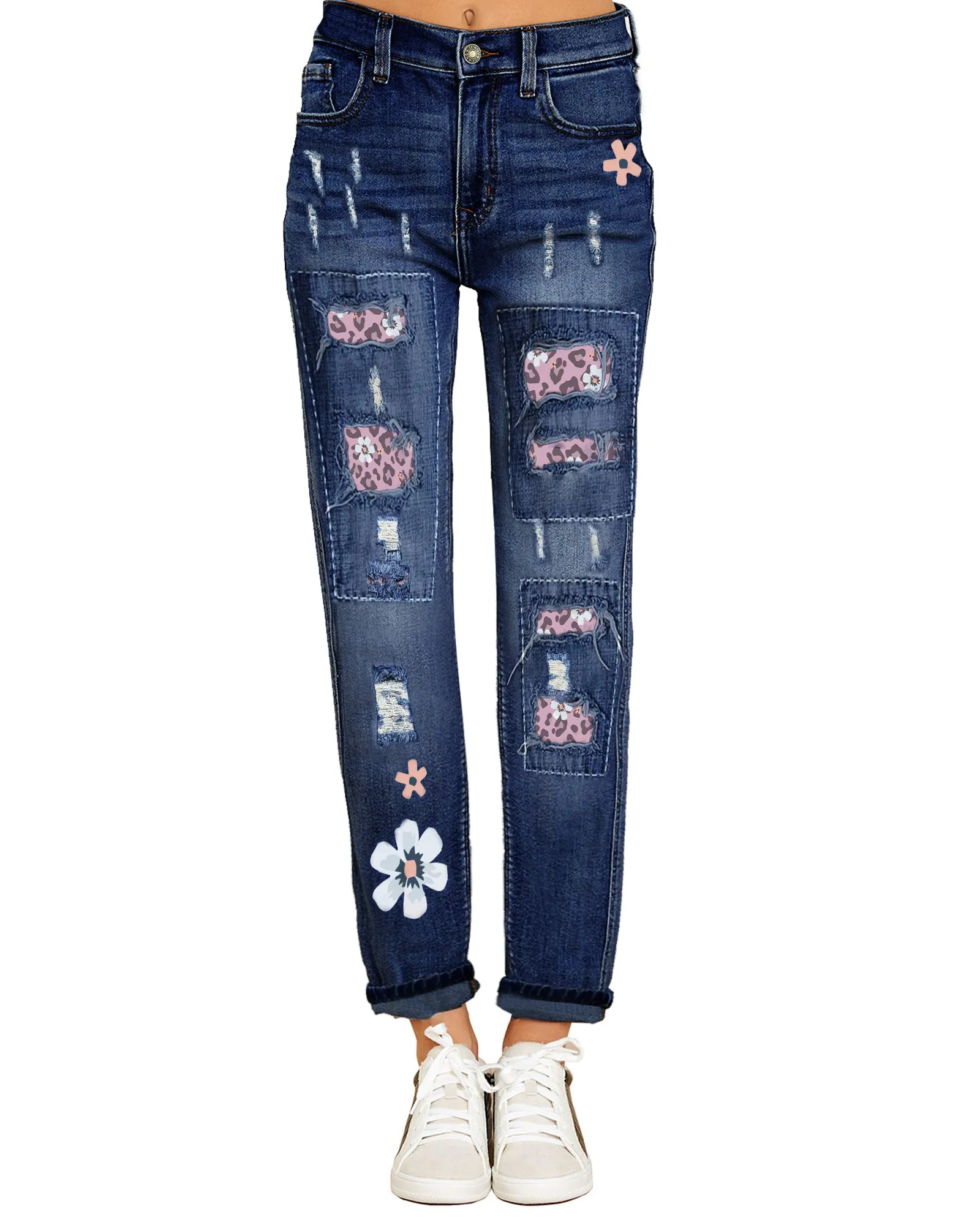 Pink Floral-Print Patch Ripped Rolled Hem Denim Boyfriend Jeans