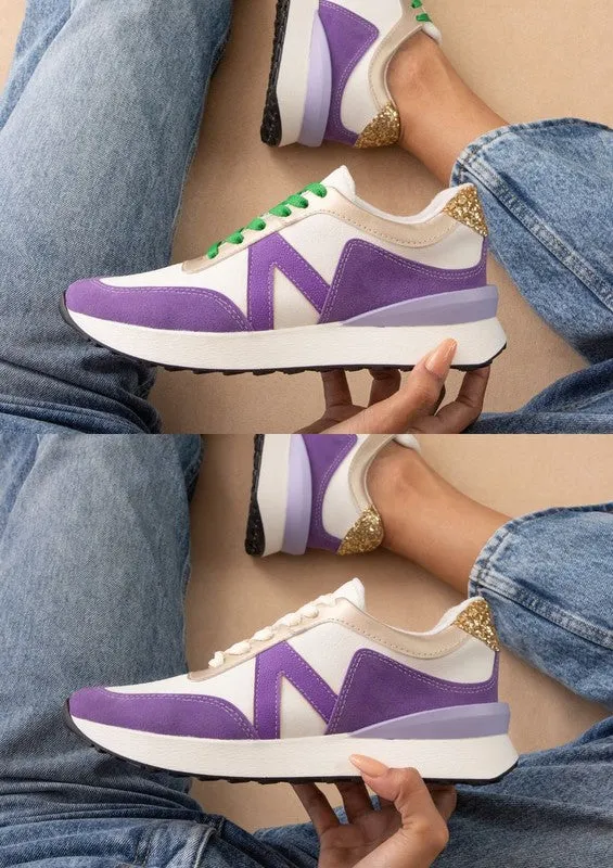 Vibrant Purple and Gold Mardi Gras Sneakers for Festive Celebrations
