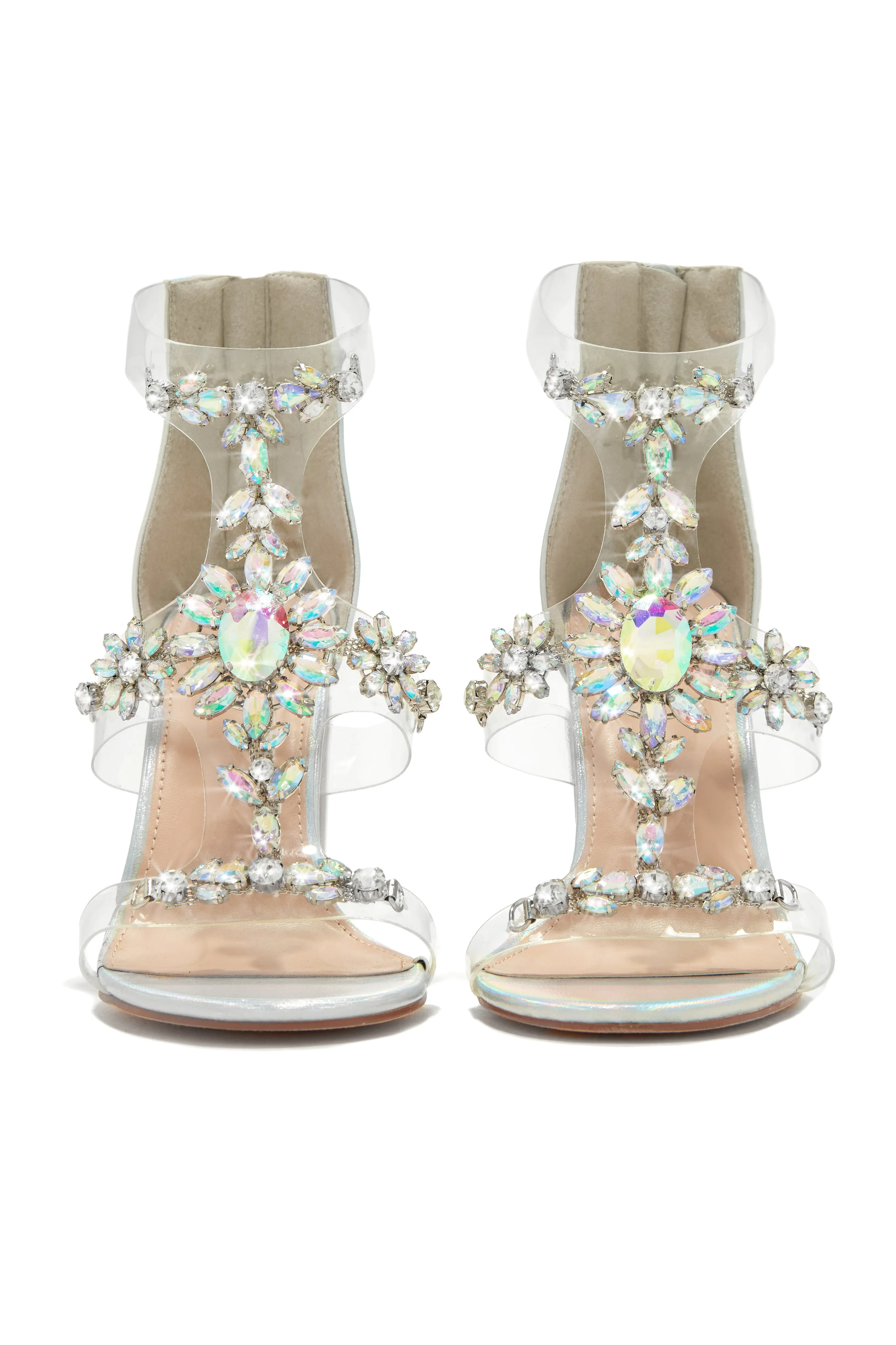 Queen Energy Embellished Clear Strap High Heels - Silver