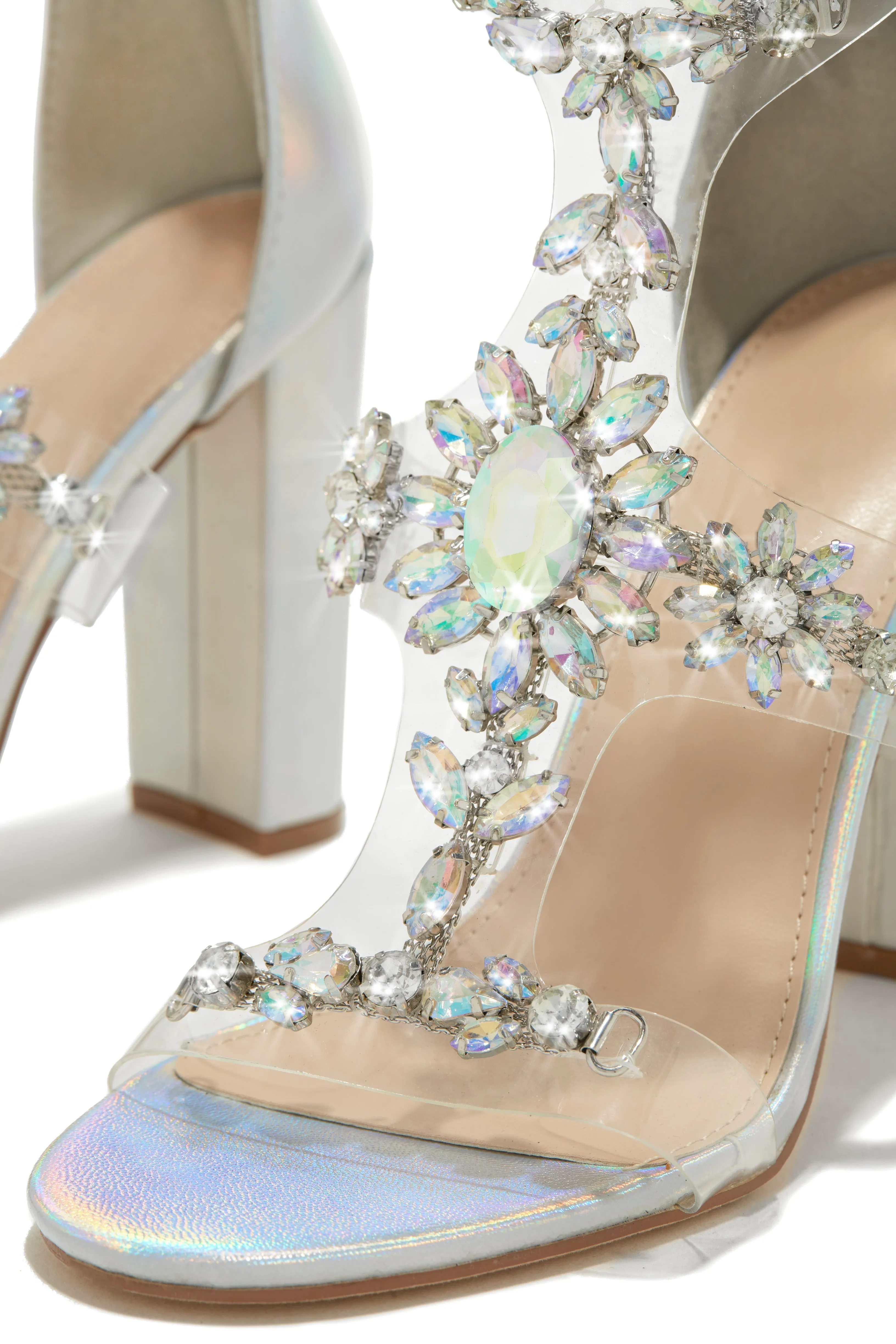 Queen Energy Embellished Clear Strap High Heels - Silver