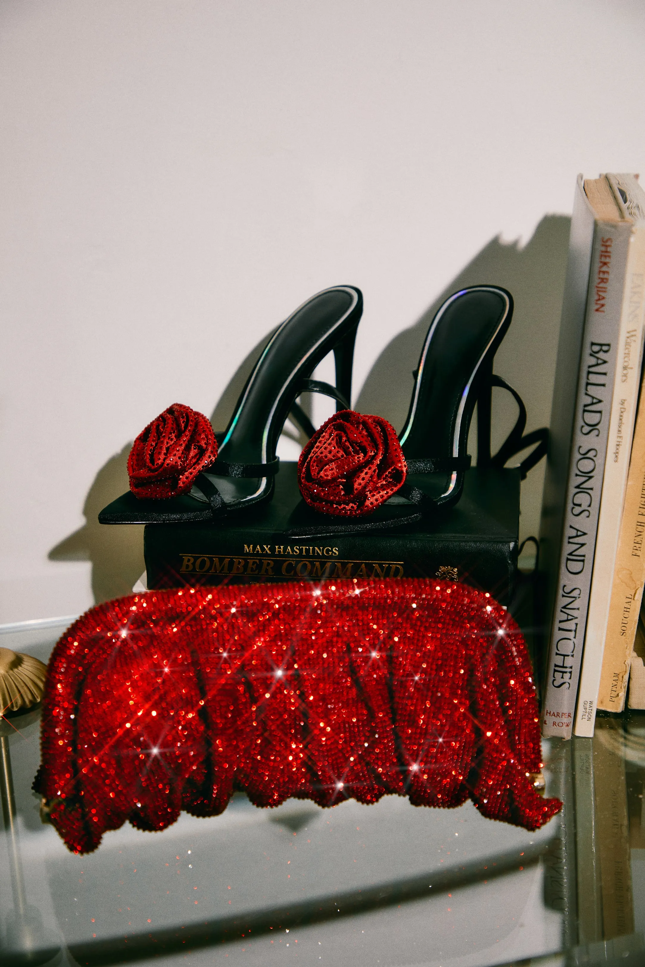 Rose Embellished Rose High Heels - Black Red