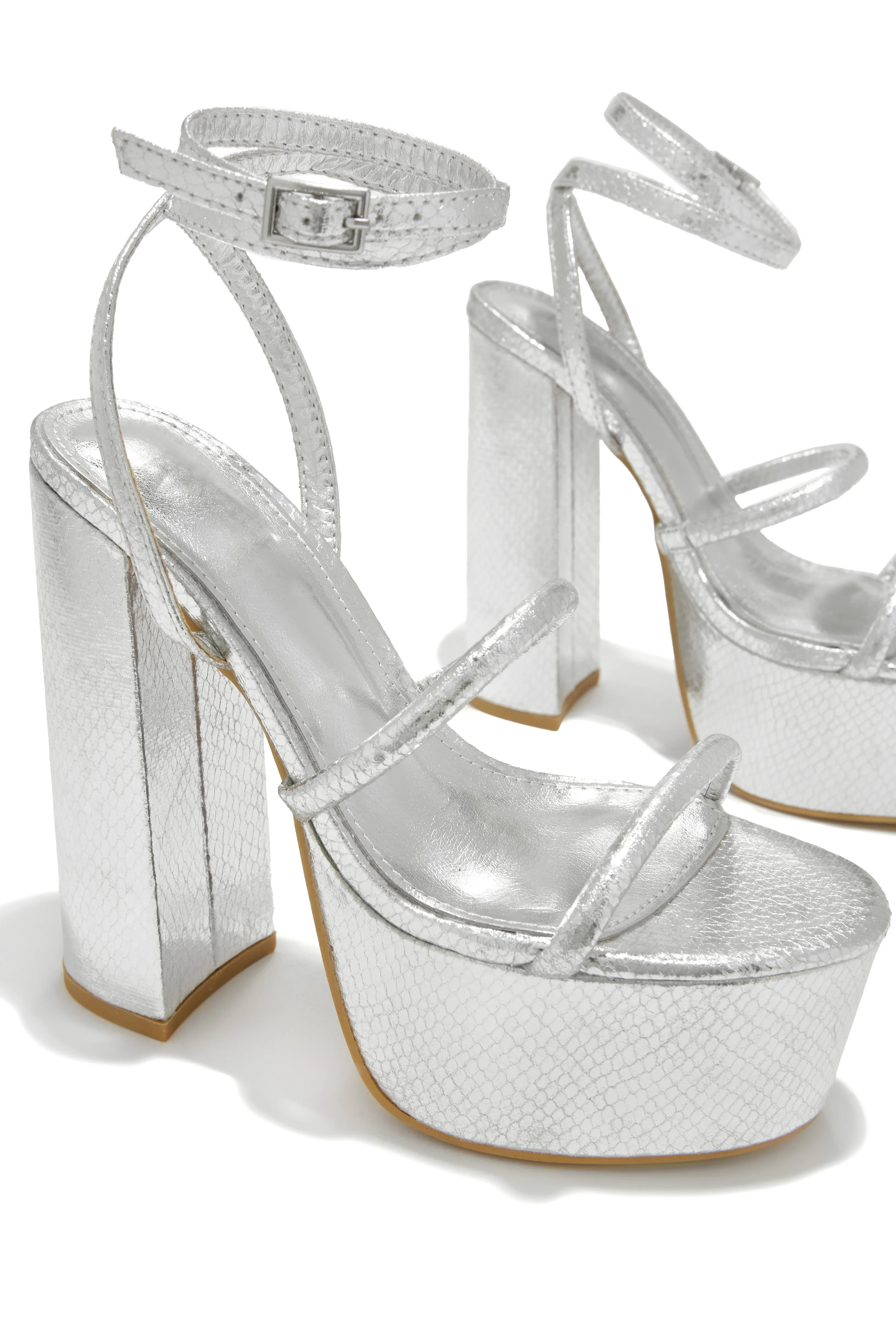Samia Platform Block High Heels - Silver