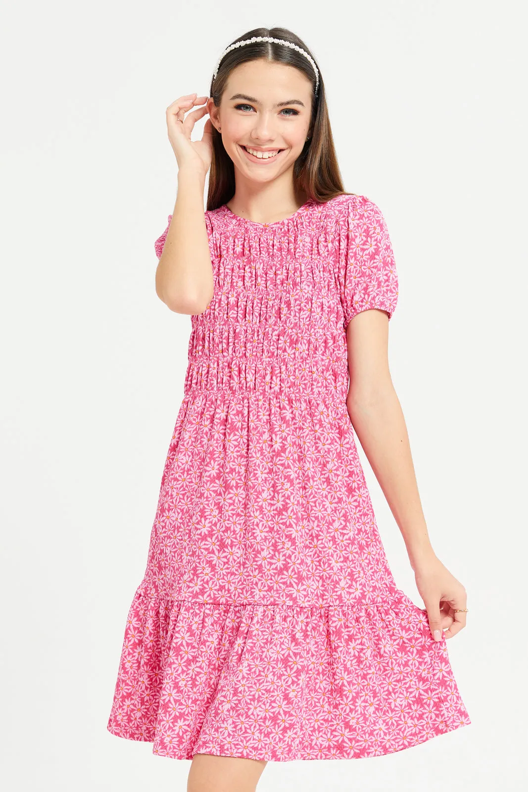 Senior Girls Fuchsia Floral Smocking Dress