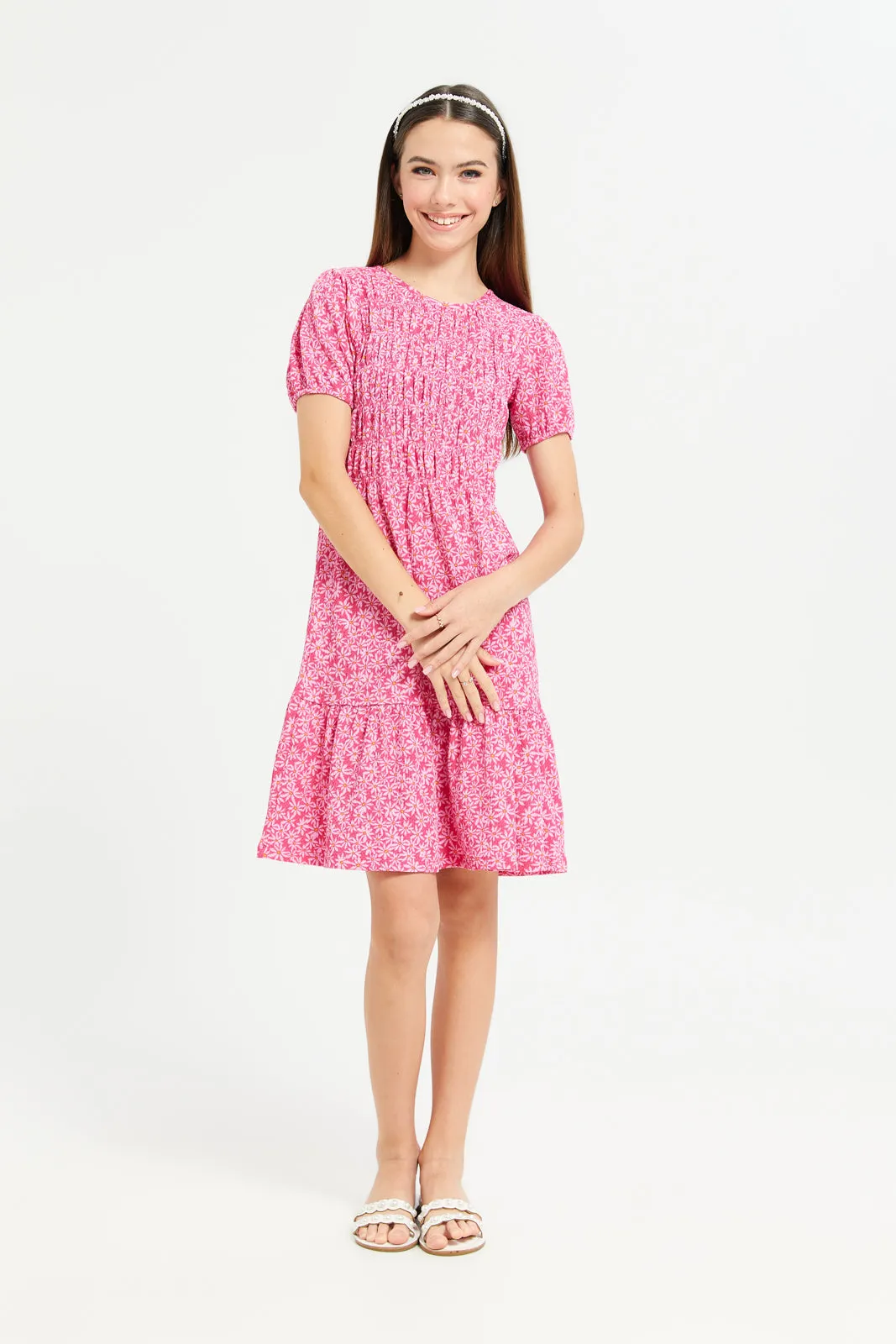 Senior Girls Fuchsia Floral Smocking Dress