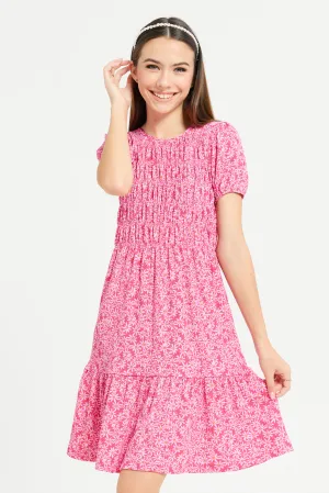 Senior Girls Fuchsia Floral Smocking Dress