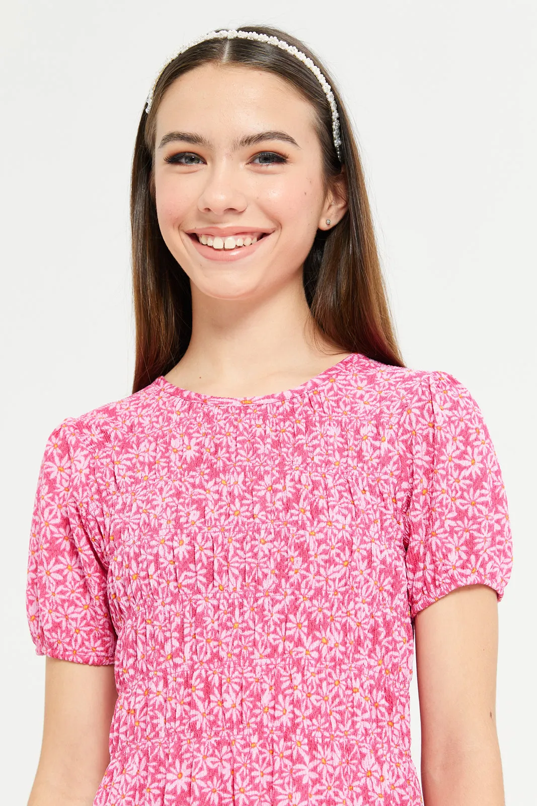 Senior Girls Fuchsia Floral Smocking Dress