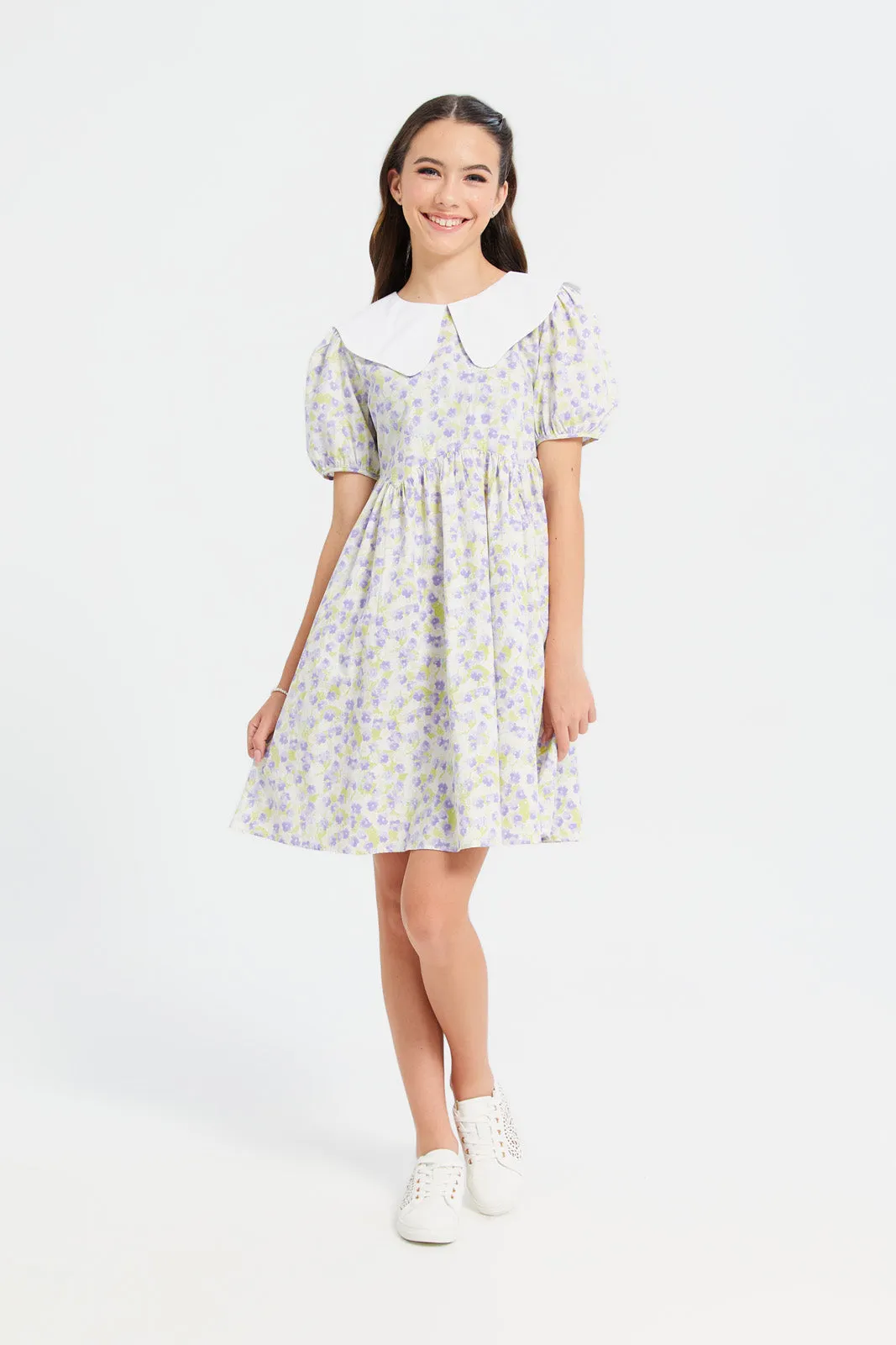 Senior Girls Purple And White Floral Printed Dress