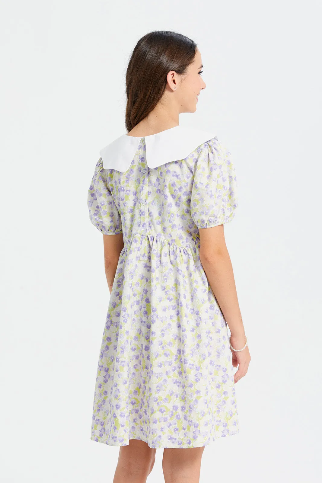 Senior Girls Purple And White Floral Printed Dress
