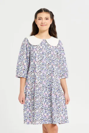 Senior Girls White And Blue Floral Print Dress
