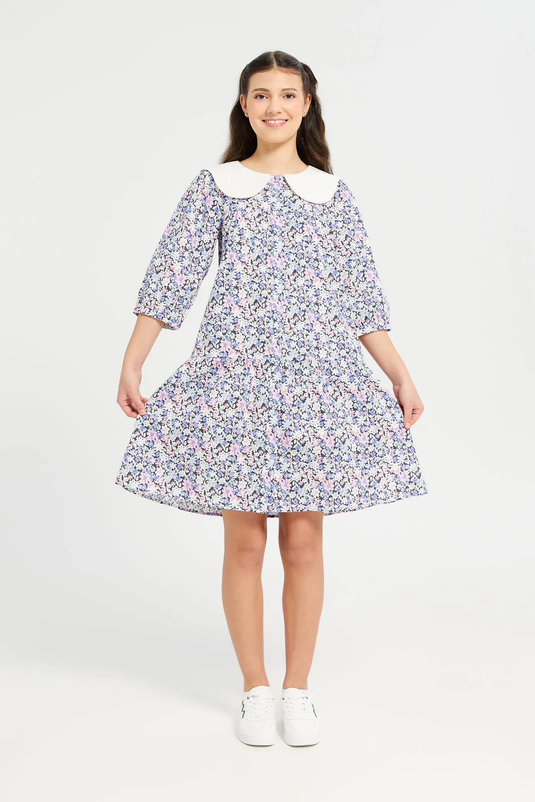 Senior Girls White And Blue Floral Print Dress