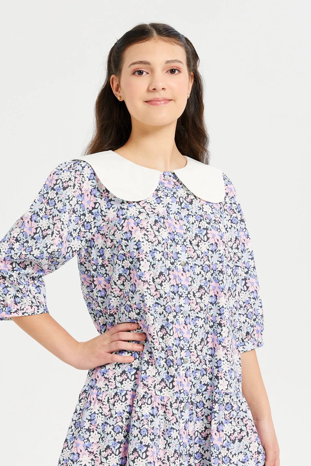Senior Girls White And Blue Floral Print Dress