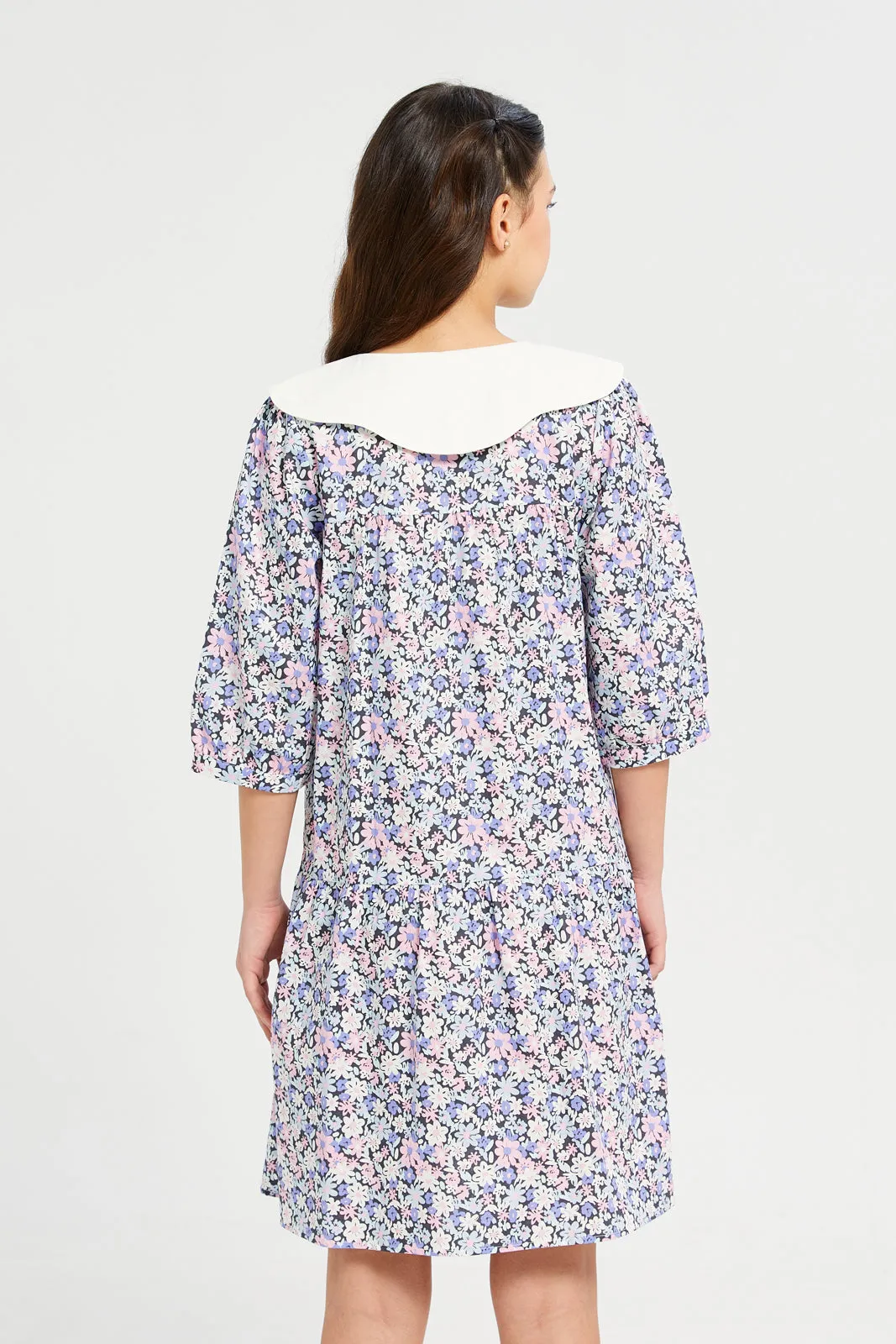 Senior Girls White And Blue Floral Print Dress