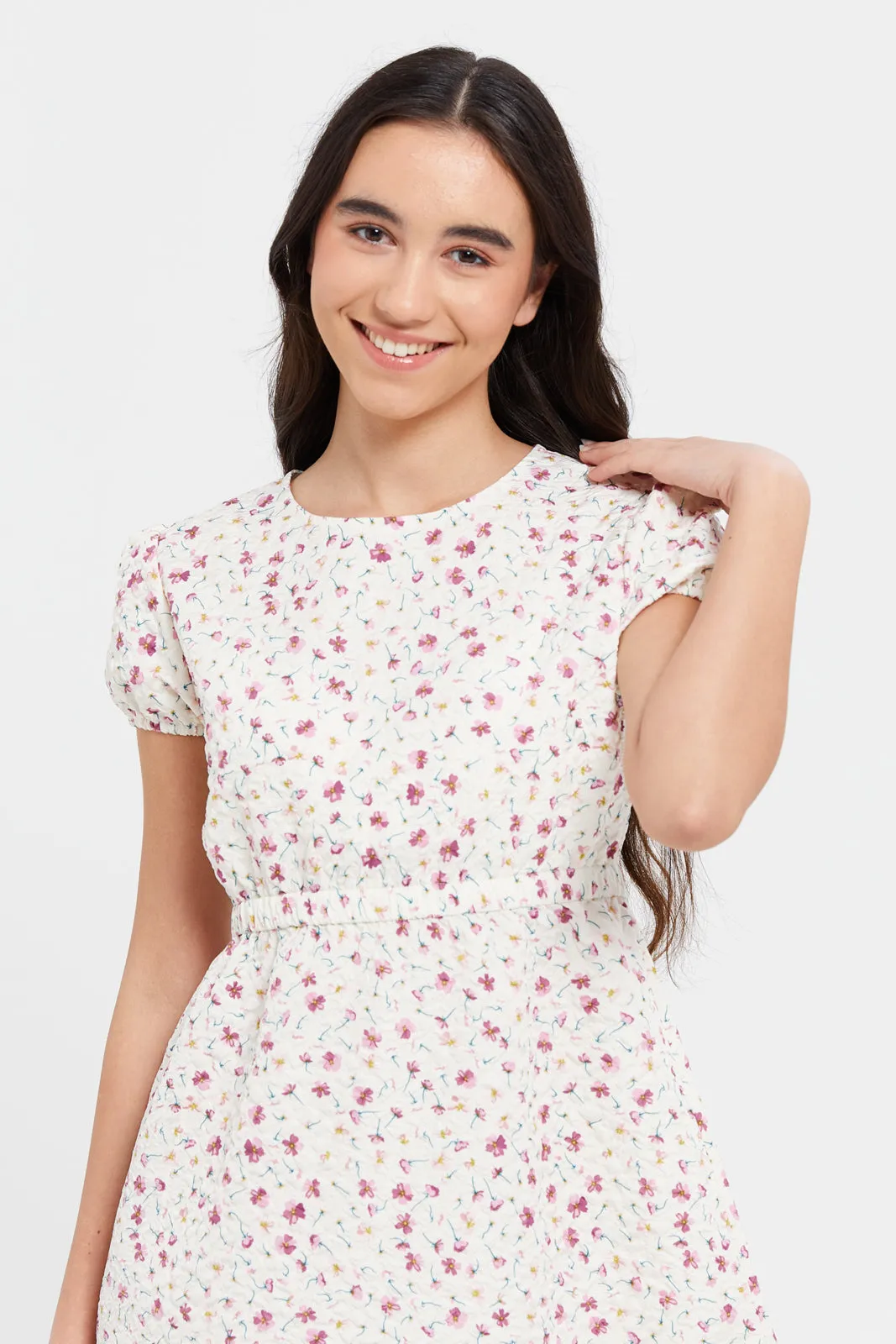 Senior Girls White Floral Print Dress