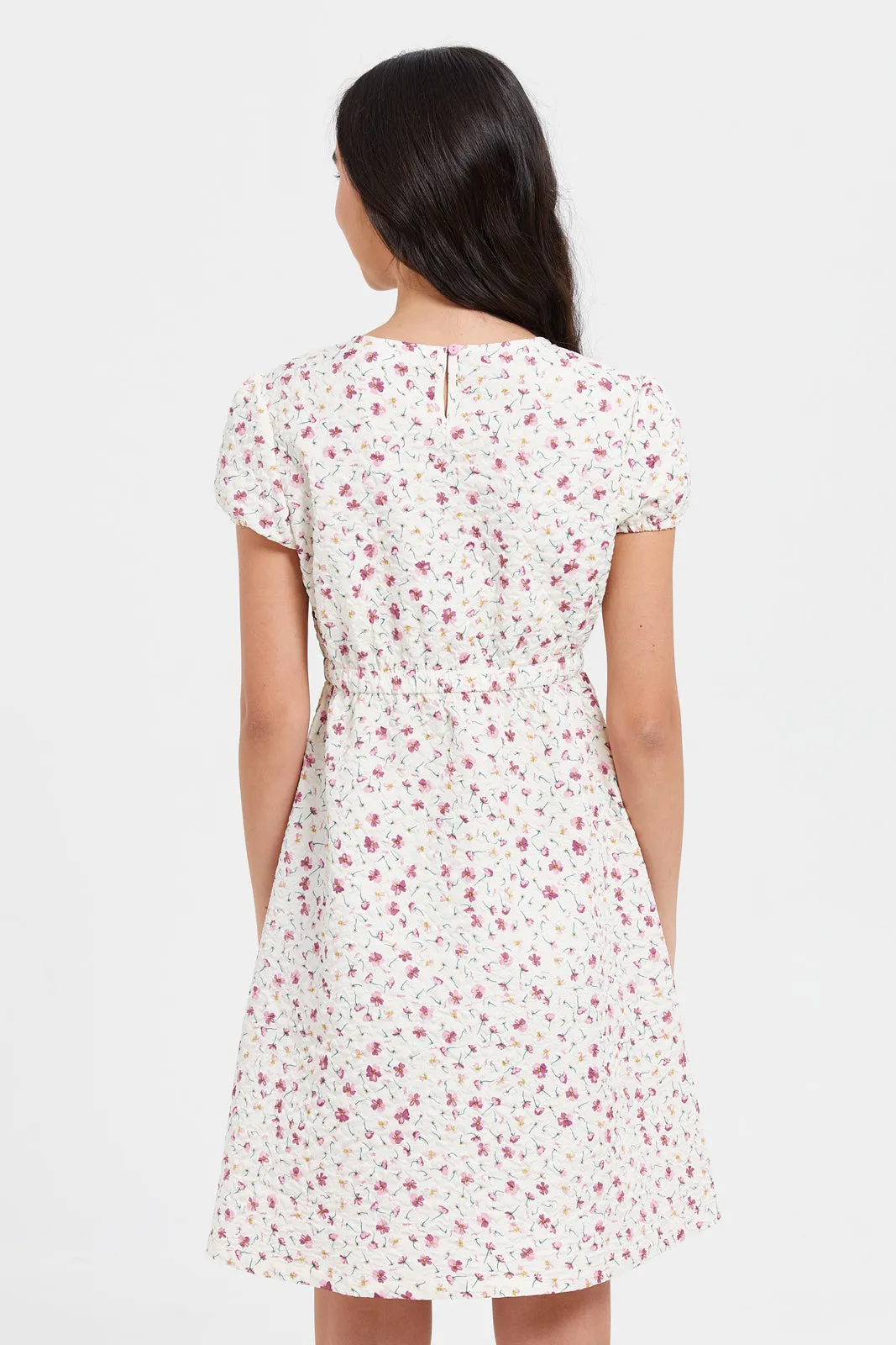 Senior Girls White Floral Print Dress