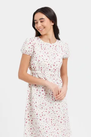 Senior Girls White Floral Print Dress