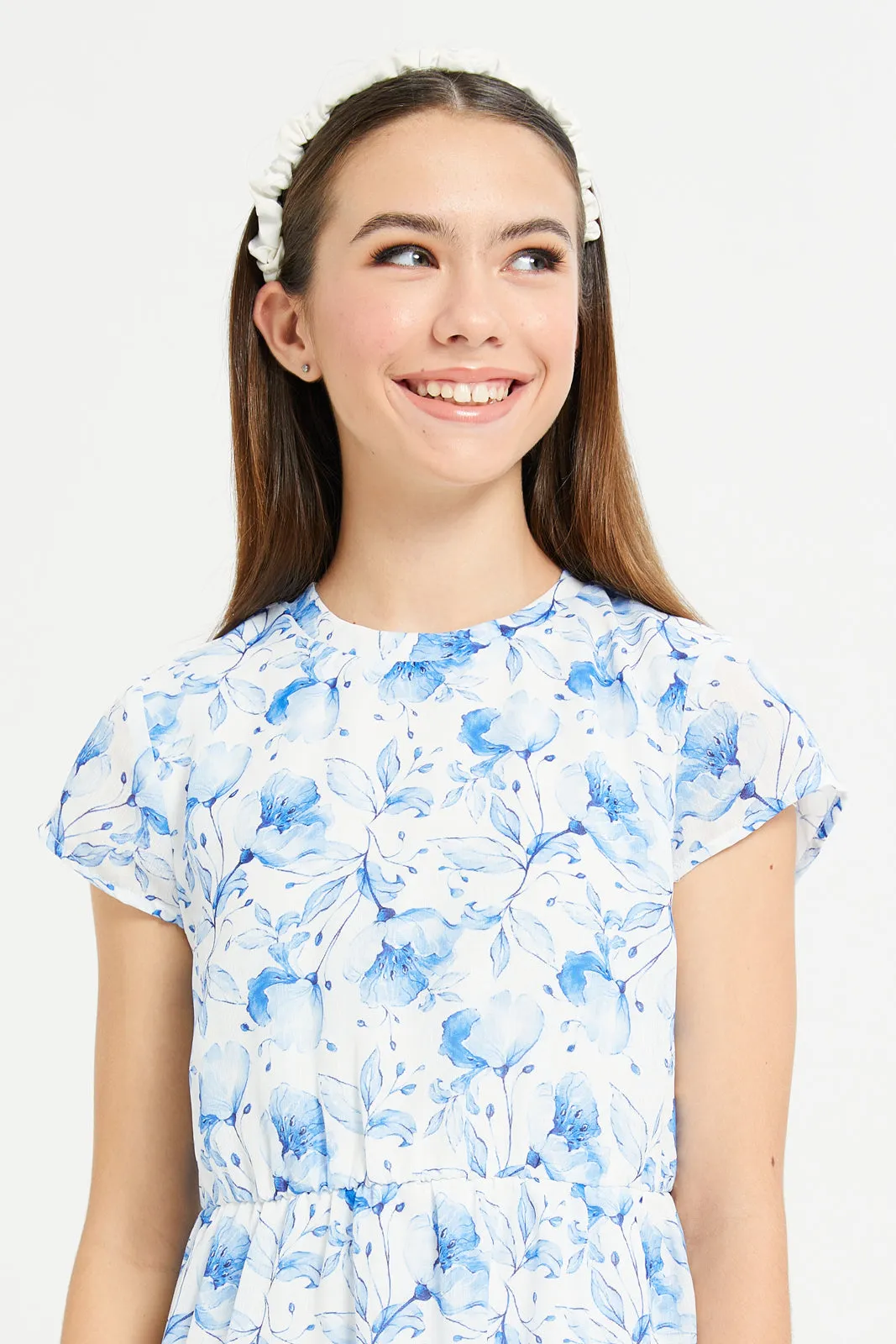 Senior Girls White Floral Print Tiered Dress