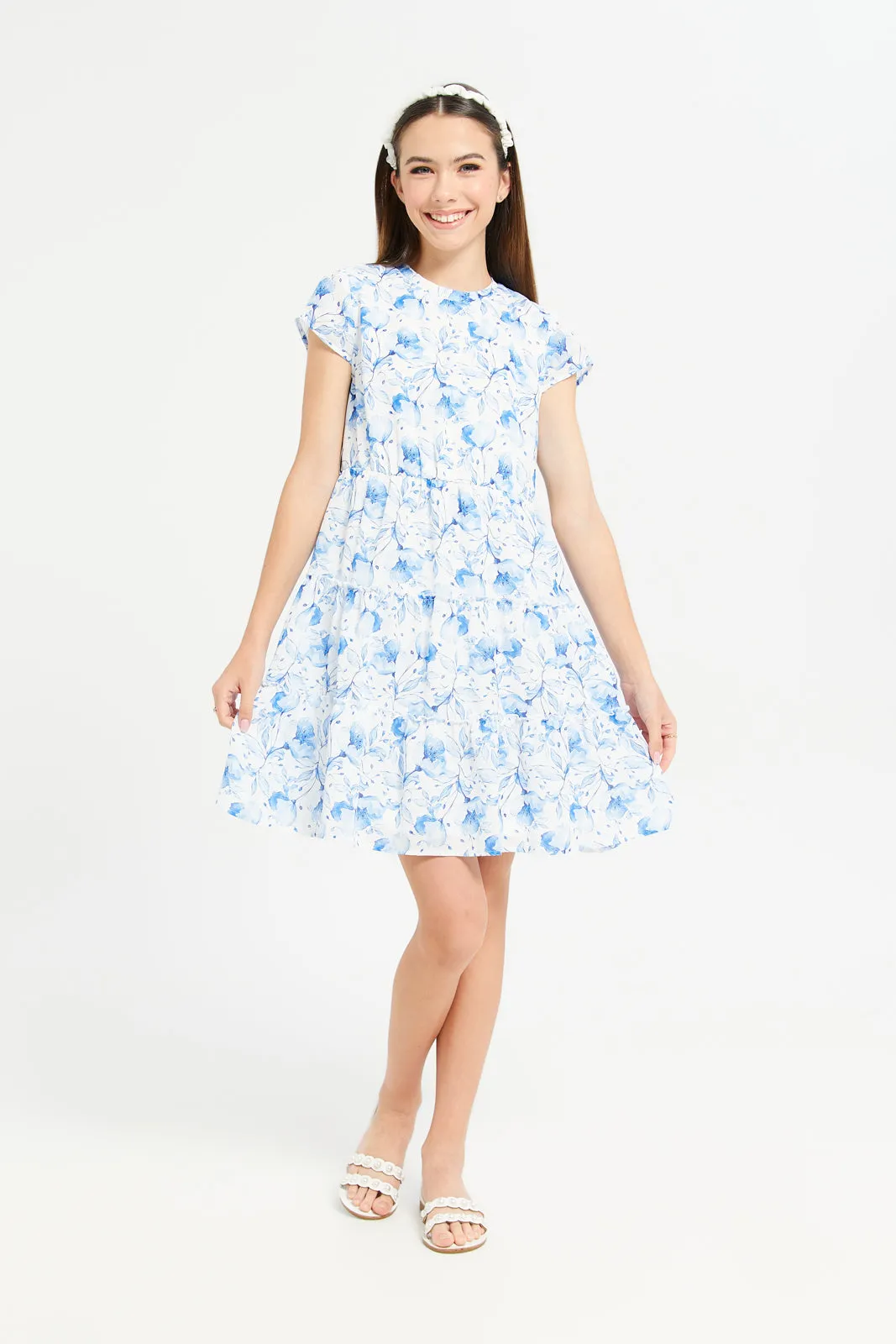 Senior Girls White Floral Print Tiered Dress