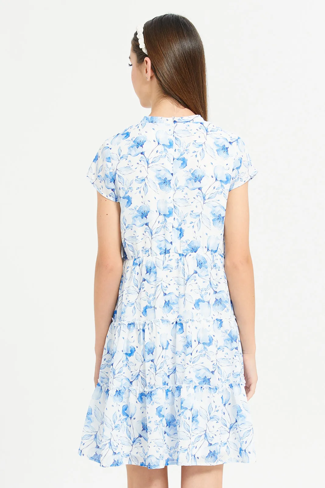 Senior Girls White Floral Print Tiered Dress