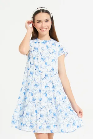 Senior Girls White Floral Print Tiered Dress