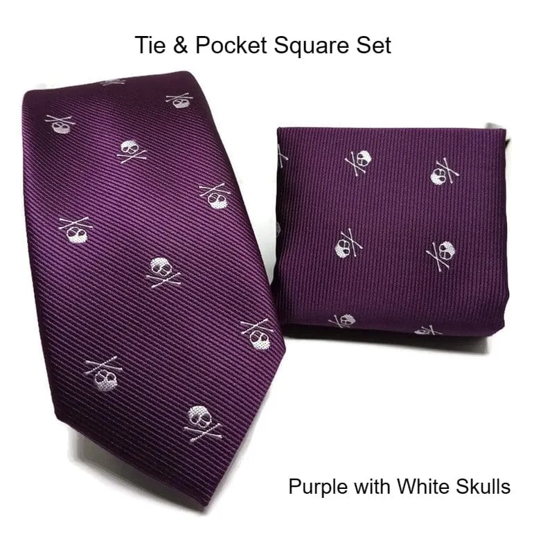Skull Embroidered Necktie and Pocket Square Jacquard Woven High Quality Set