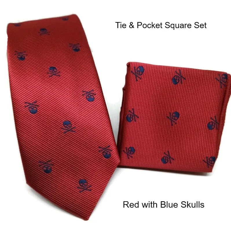 Skull Embroidered Necktie and Pocket Square Jacquard Woven High Quality Set