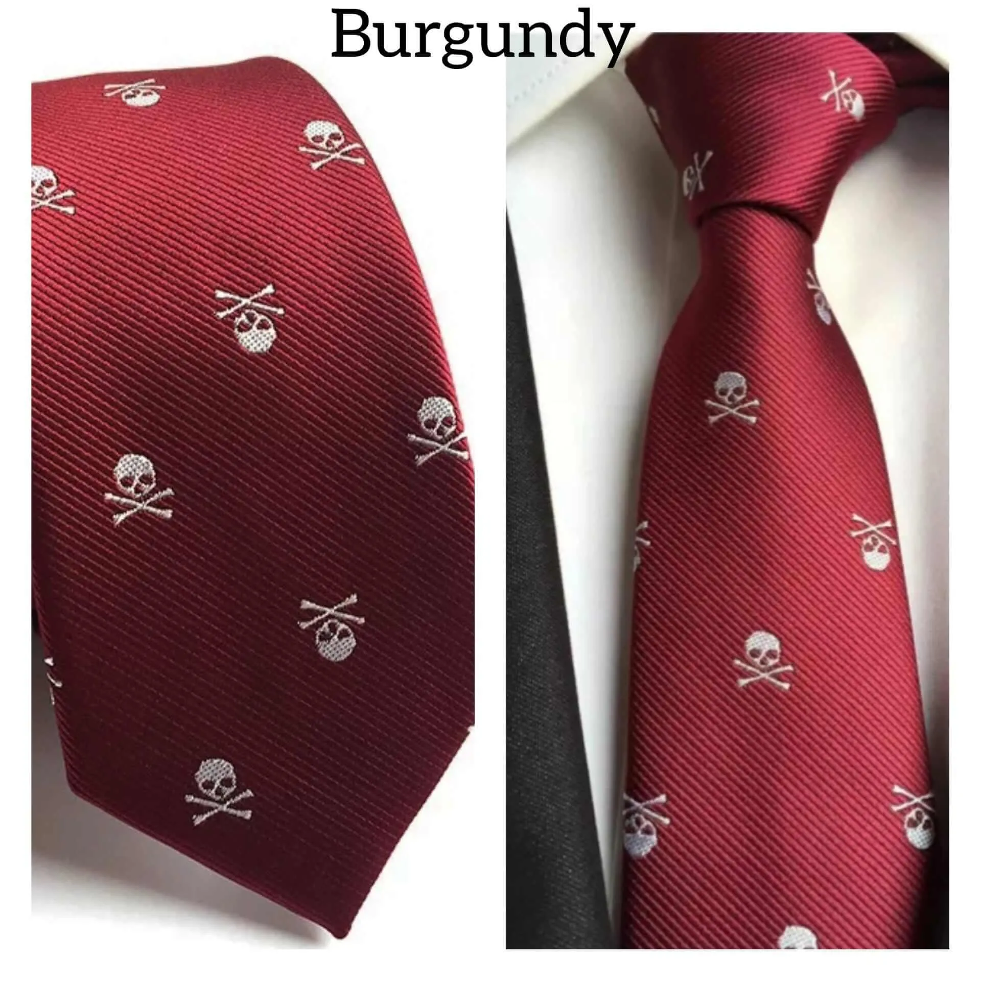 Skull Embroidered Necktie and Pocket Square Jacquard Woven High Quality Set