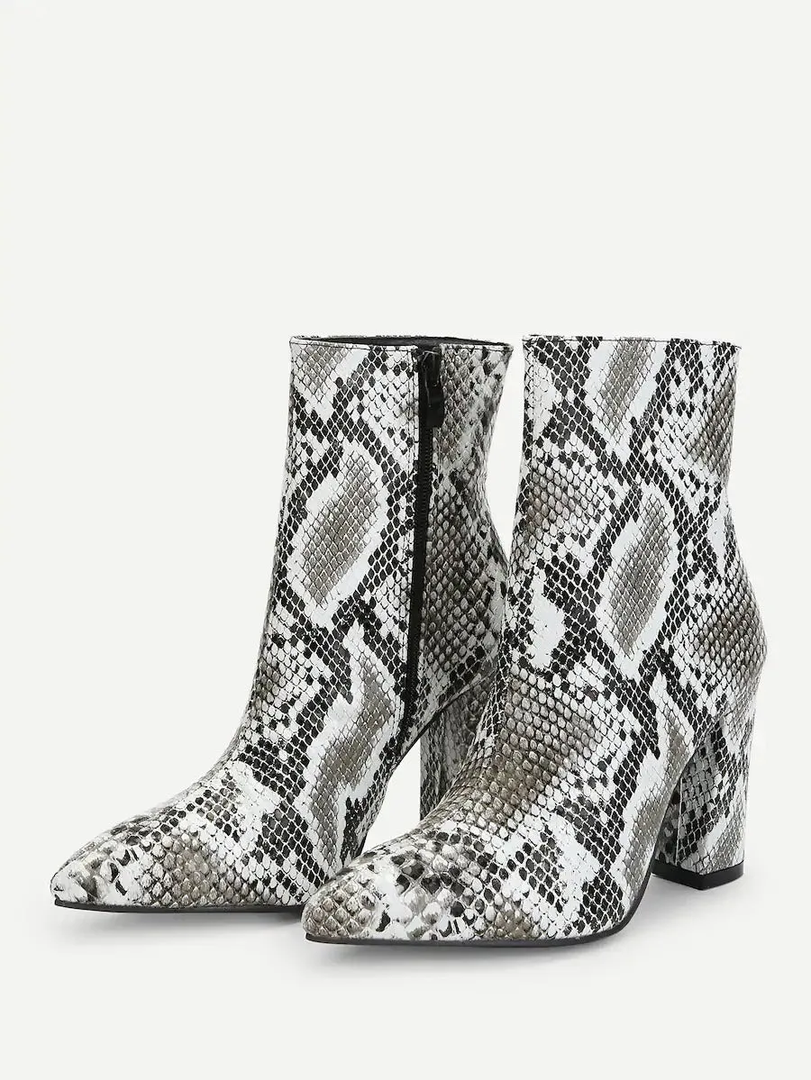 Snakeskin Side Zipper Ankle Boot