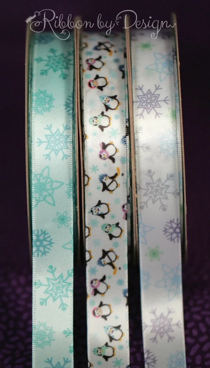 Snowflakes Ribbon in blue on 5/8" Ice Blue Single Face Satin Ribbon