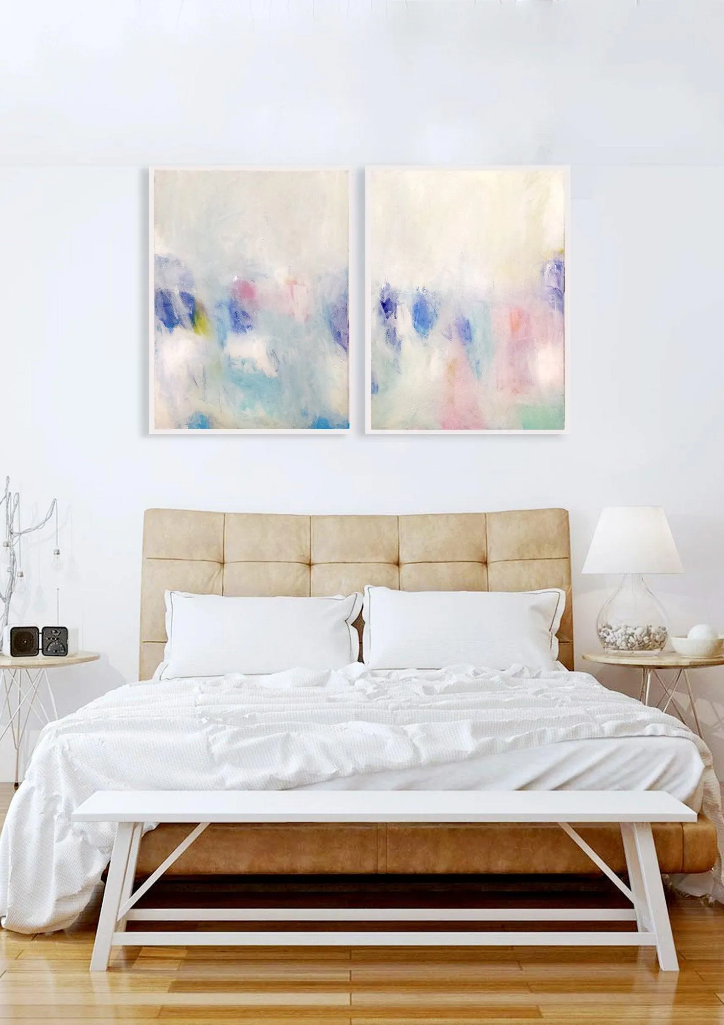 Wall art set of 2 prints, white abstract art, Bedroom prints set, Modern white set of paintings, living room wall art