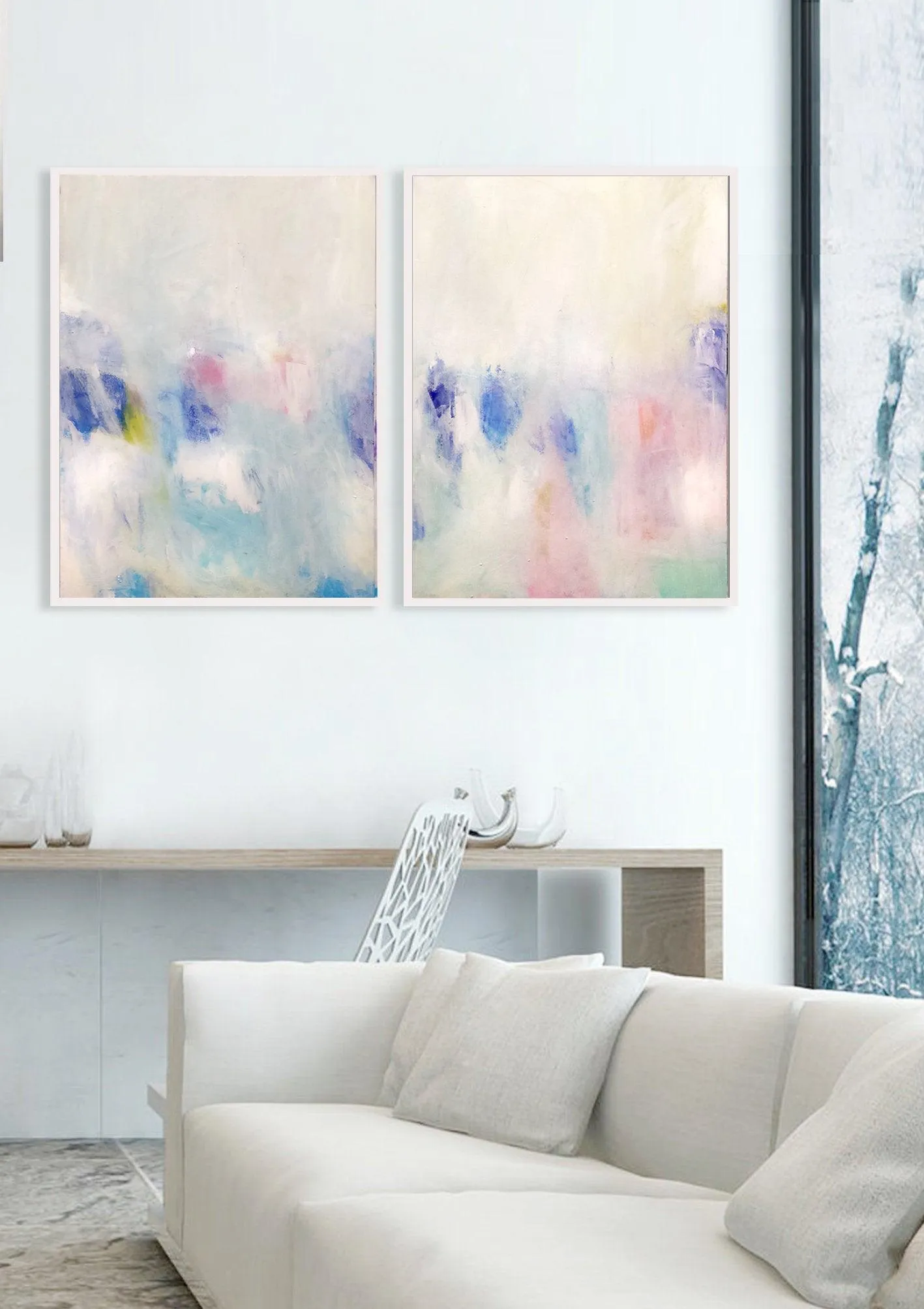 Wall art set of 2 prints, white abstract art, Bedroom prints set, Modern white set of paintings, living room wall art