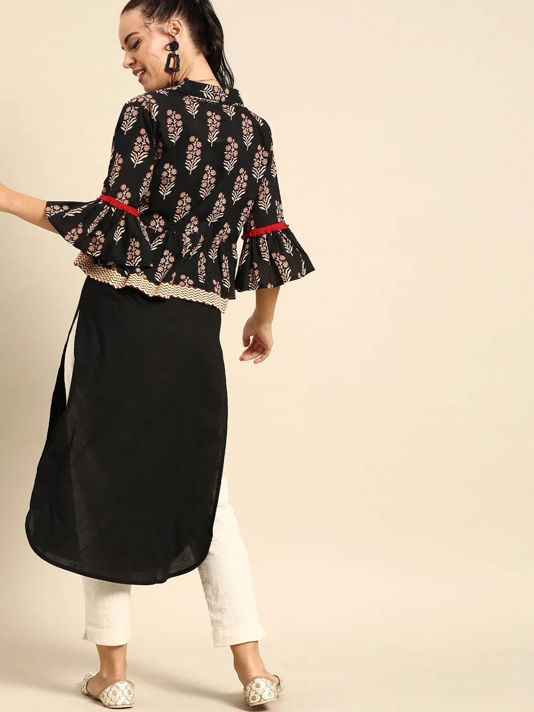Women Black Calf Length Three-Quarter Sleeves Straight Floral Printed Cotton Kurta With Jacket
