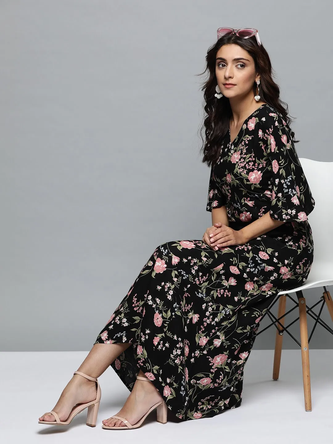 Women Black Floral Printed V-Neck A-Line Dress