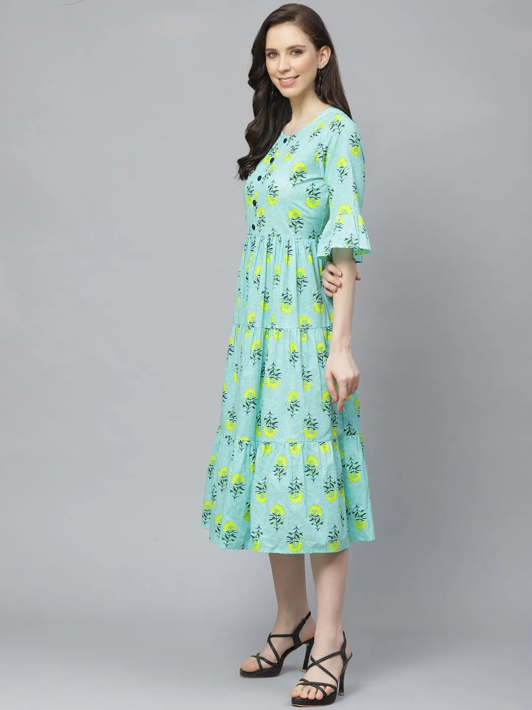 Women Blue Floral Printed Round Neck Cotton Fit And Flare Dress
