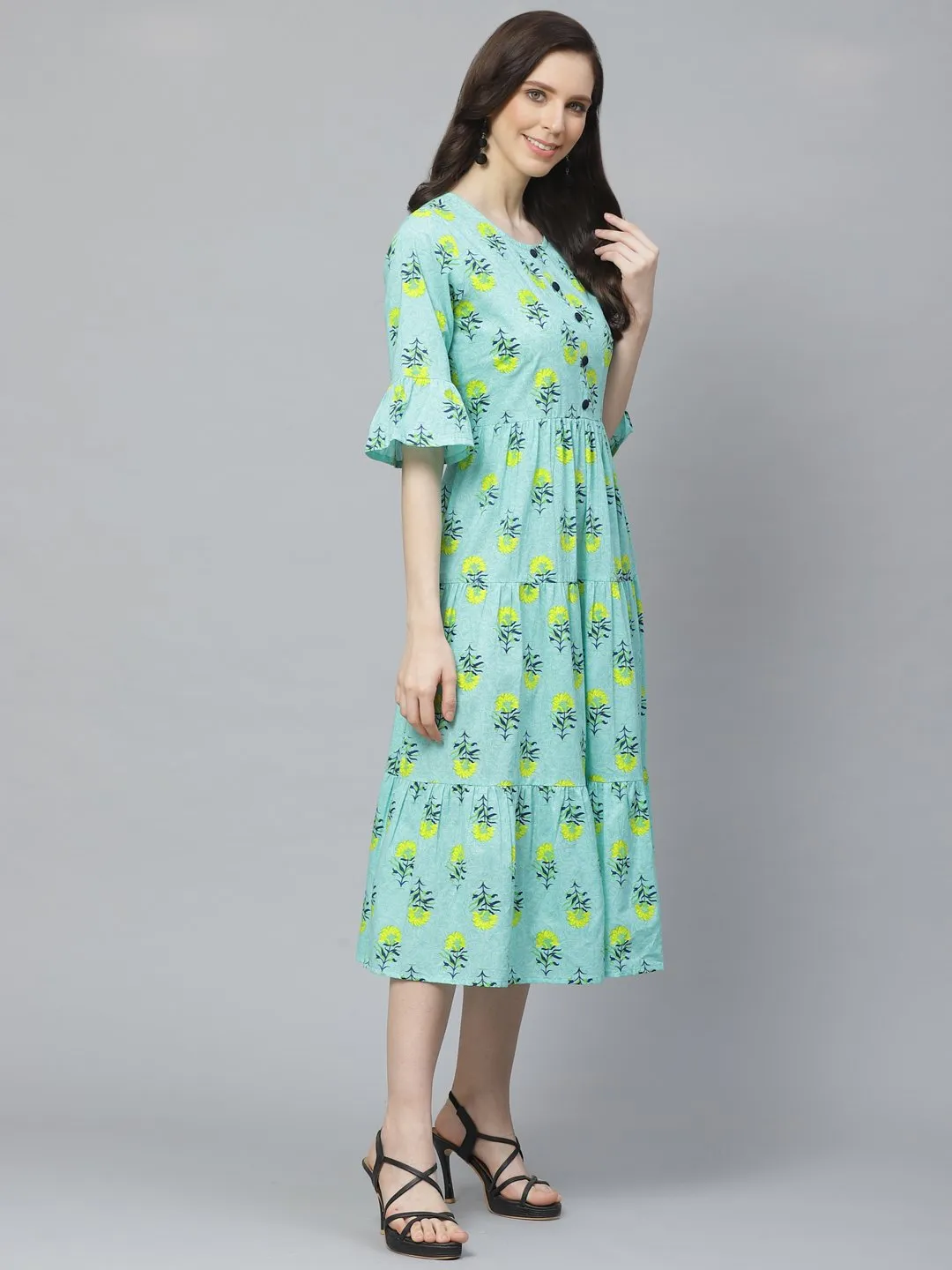 Women Blue Floral Printed Round Neck Cotton Fit And Flare Dress