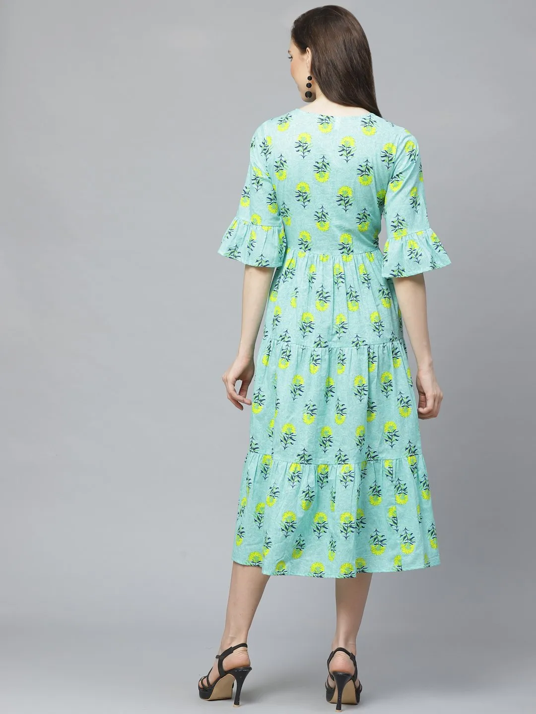 Women Blue Floral Printed Round Neck Cotton Fit And Flare Dress