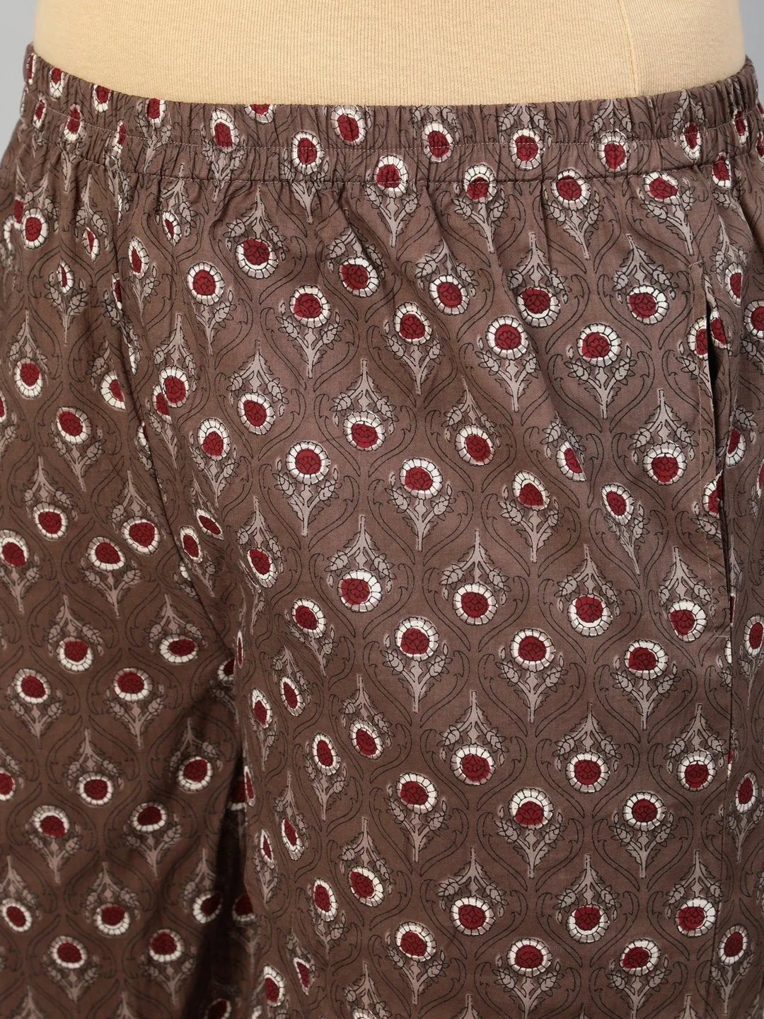 Women Maroon & Taupe Floral Printed Kurta With Plazo & Dupatta