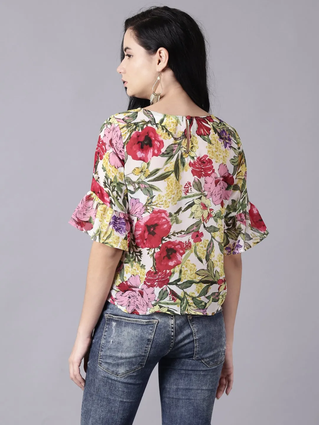 Women Off-White Casual Printed Round Neck Top