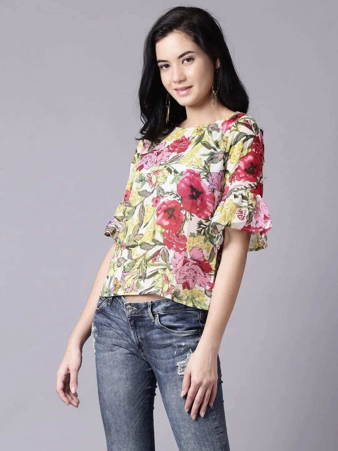 Women Off-White Casual Printed Round Neck Top