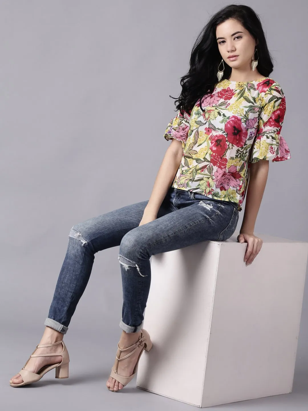 Women Off-White Casual Printed Round Neck Top