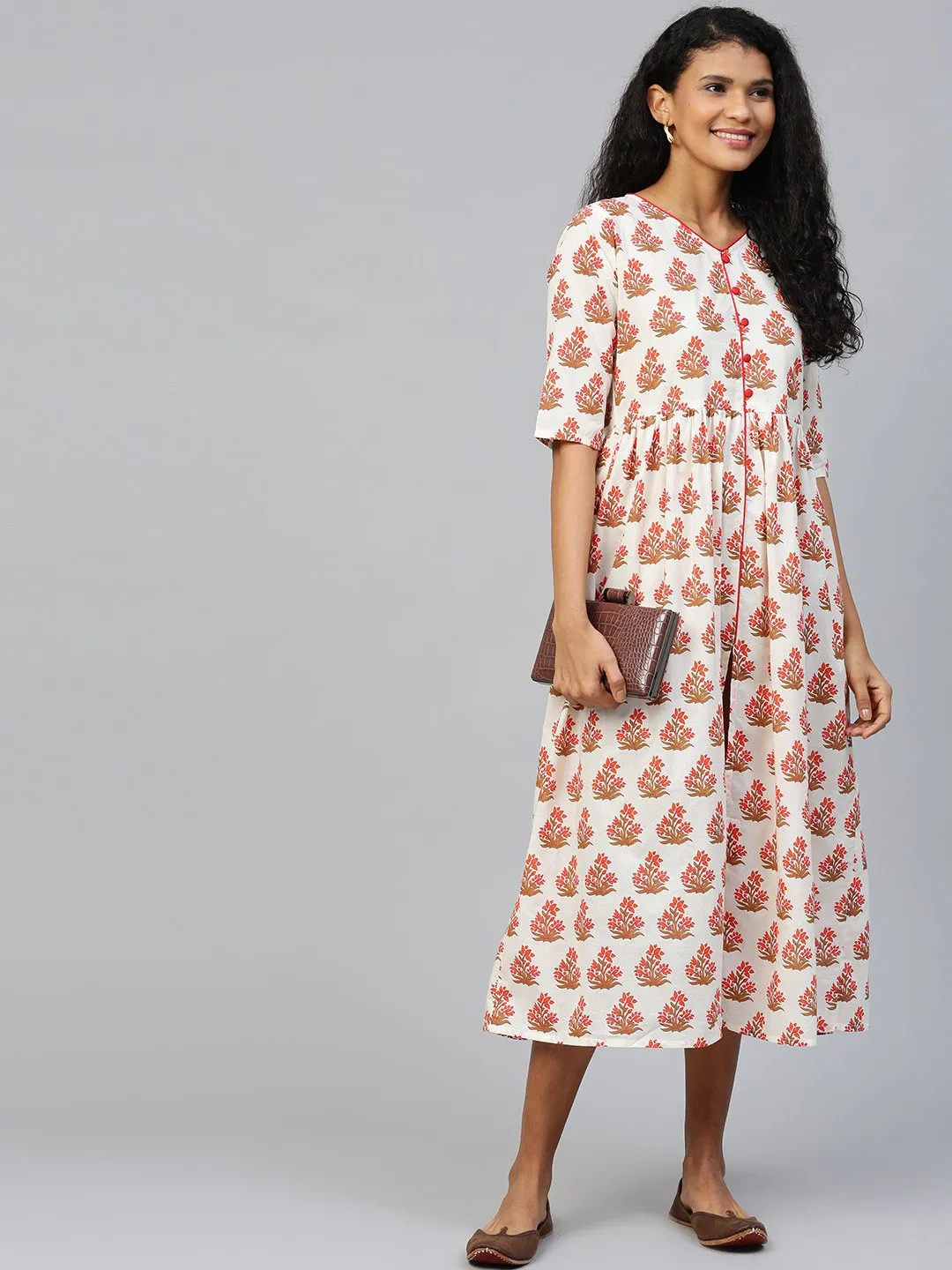 Women Off White Floral Printed V-Neck Cotton A-Line Dress