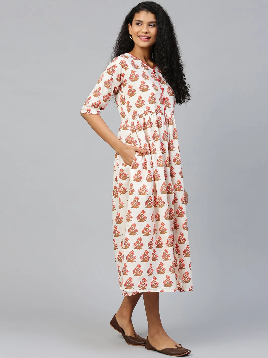 Women Off White Floral Printed V-Neck Cotton A-Line Dress