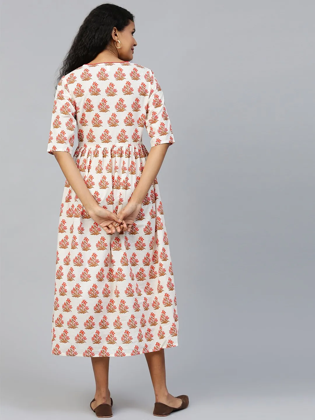 Women Off White Floral Printed V-Neck Cotton A-Line Dress