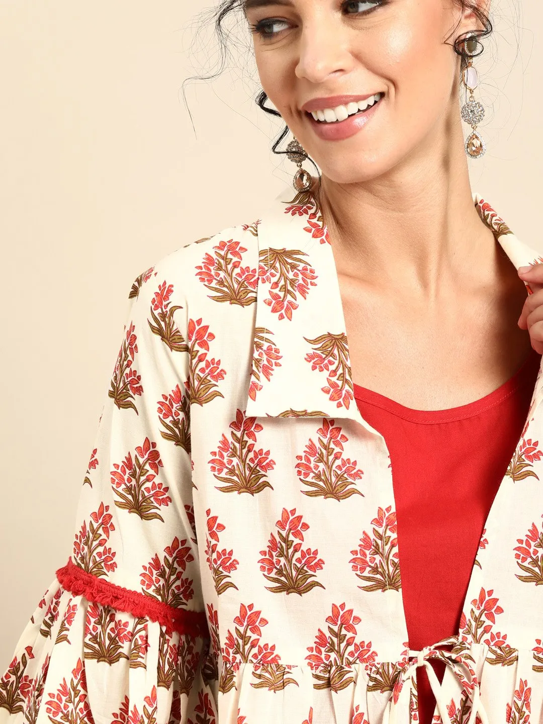 Women Red Calf Length Three-Quarter Sleeves Straight Floral Printed Cotton Kurta With Jacket