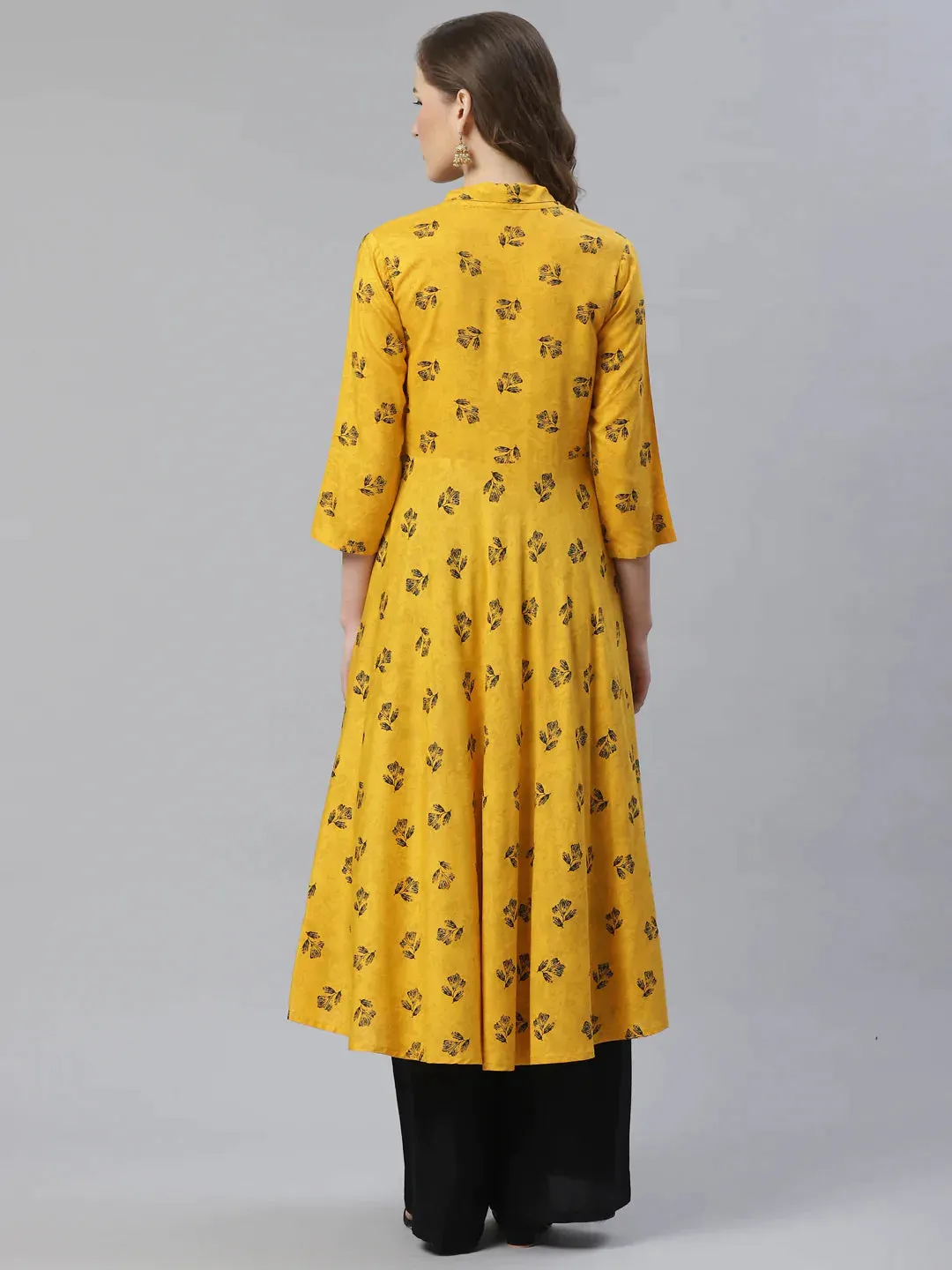 Women Yellow & Black Floral Printed A-Line Kurta
