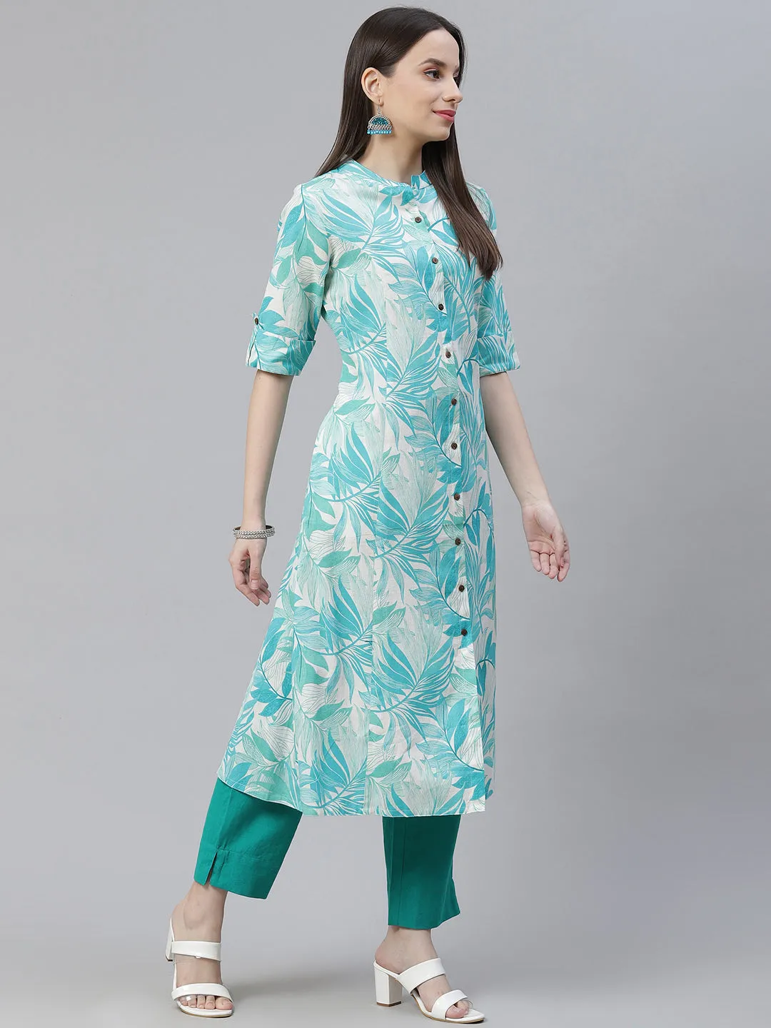 Women'S Floral Print White Cotton Flex Kurta