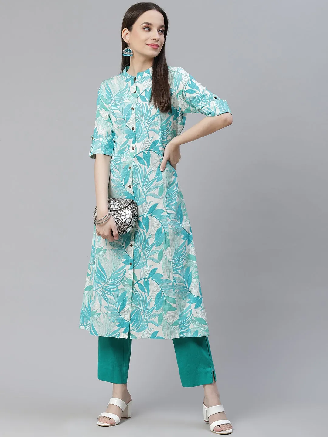 Women'S Floral Print White Cotton Flex Kurta