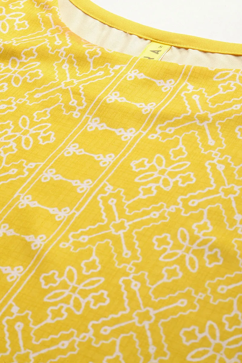 Yellow Poly Crepe Abstract Print Straight Kurti