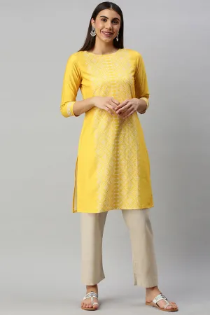 Yellow Poly Crepe Abstract Print Straight Kurti